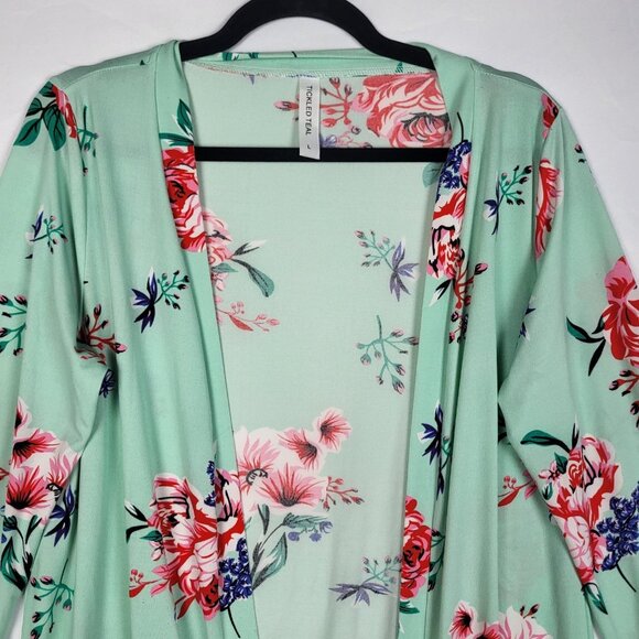 Tickled Teal Floral Cardigan Women's Large Green Pink Long Lines Pockets Boho - Picture 3 of 9